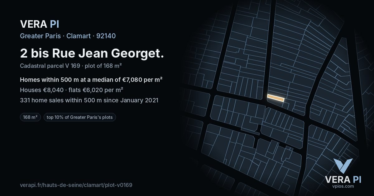 2 bis Rue Jean Georget, Clamart at night – the plot lit, the parcels around coloured by the prices near them