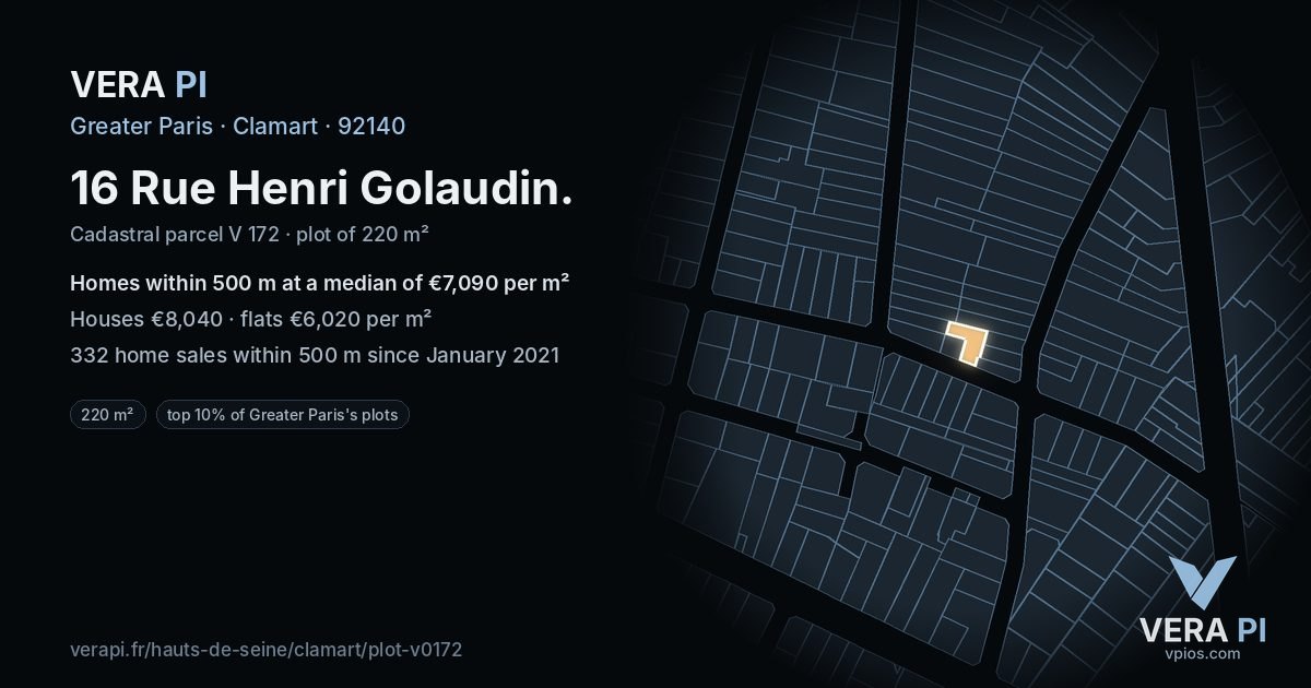 16 Rue Henri Golaudin, Clamart at night – the plot lit, the parcels around coloured by the prices near them