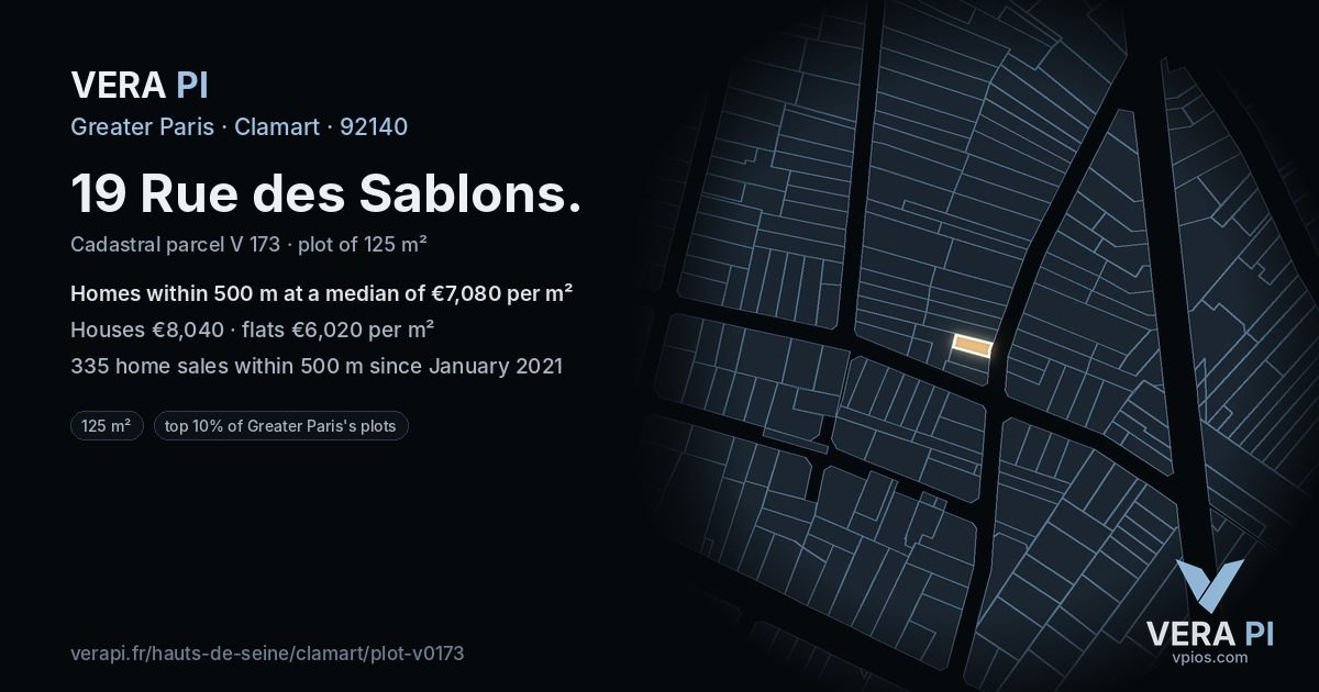 19 Rue des Sablons, Clamart at night – the plot lit, the parcels around coloured by the prices near them