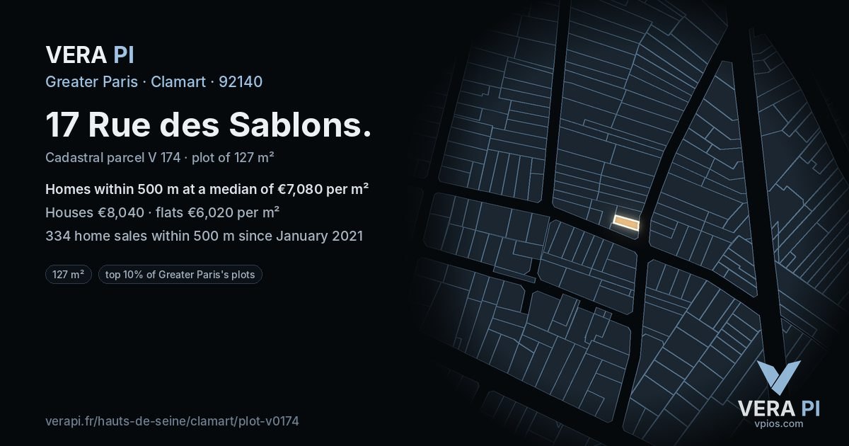 17 Rue des Sablons, Clamart at night – the plot lit, the parcels around coloured by the prices near them