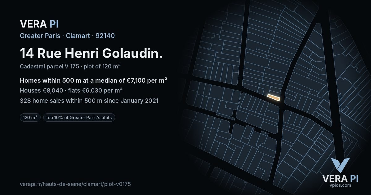 14 Rue Henri Golaudin, Clamart at night – the plot lit, the parcels around coloured by the prices near them