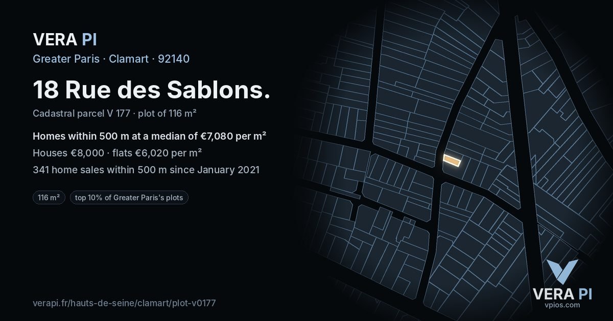 18 Rue des Sablons, Clamart at night – the plot lit, the parcels around coloured by the prices near them