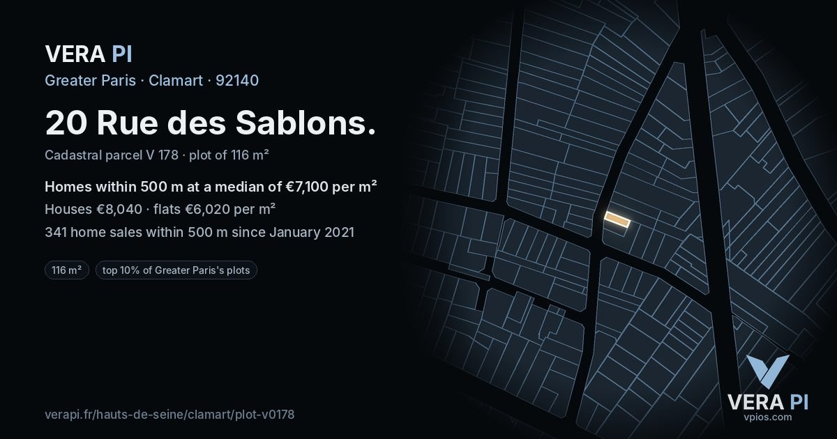 20 Rue des Sablons, Clamart at night – the plot lit, the parcels around coloured by the prices near them