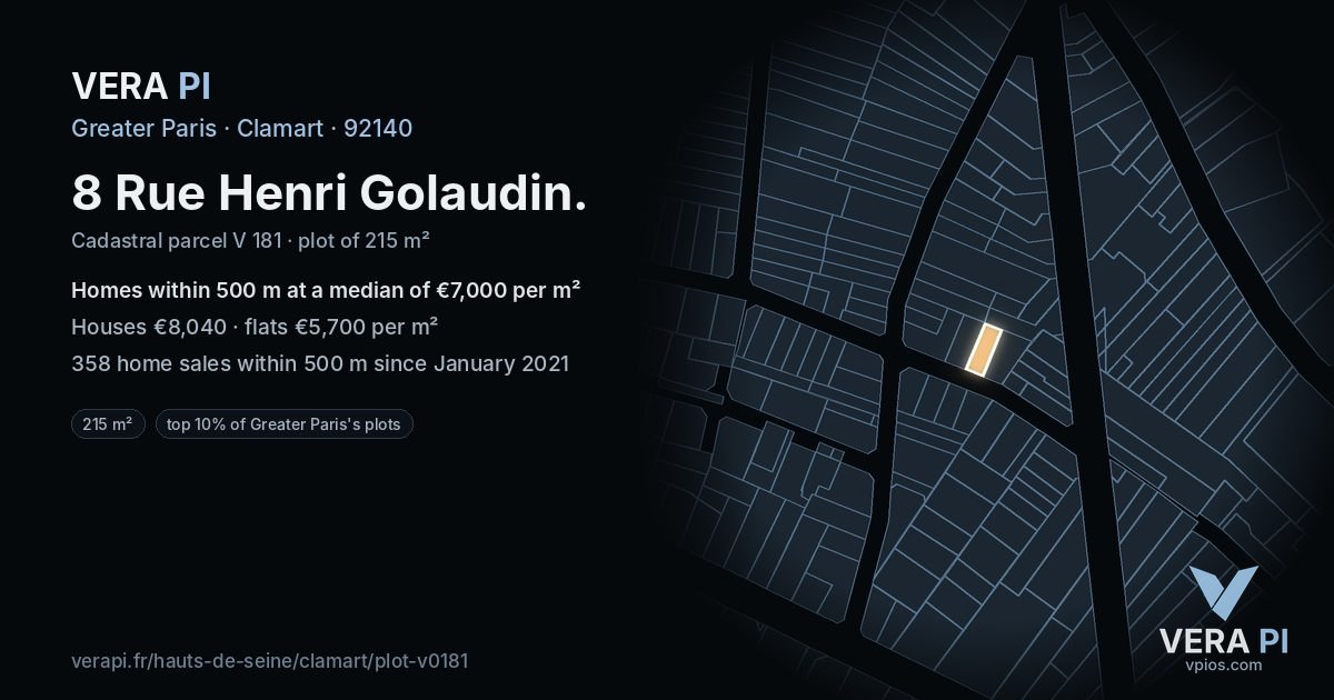 8 Rue Henri Golaudin, Clamart at night – the plot lit, the parcels around coloured by the prices near them