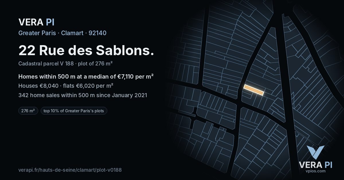 22 Rue des Sablons, Clamart at night – the plot lit, the parcels around coloured by the prices near them