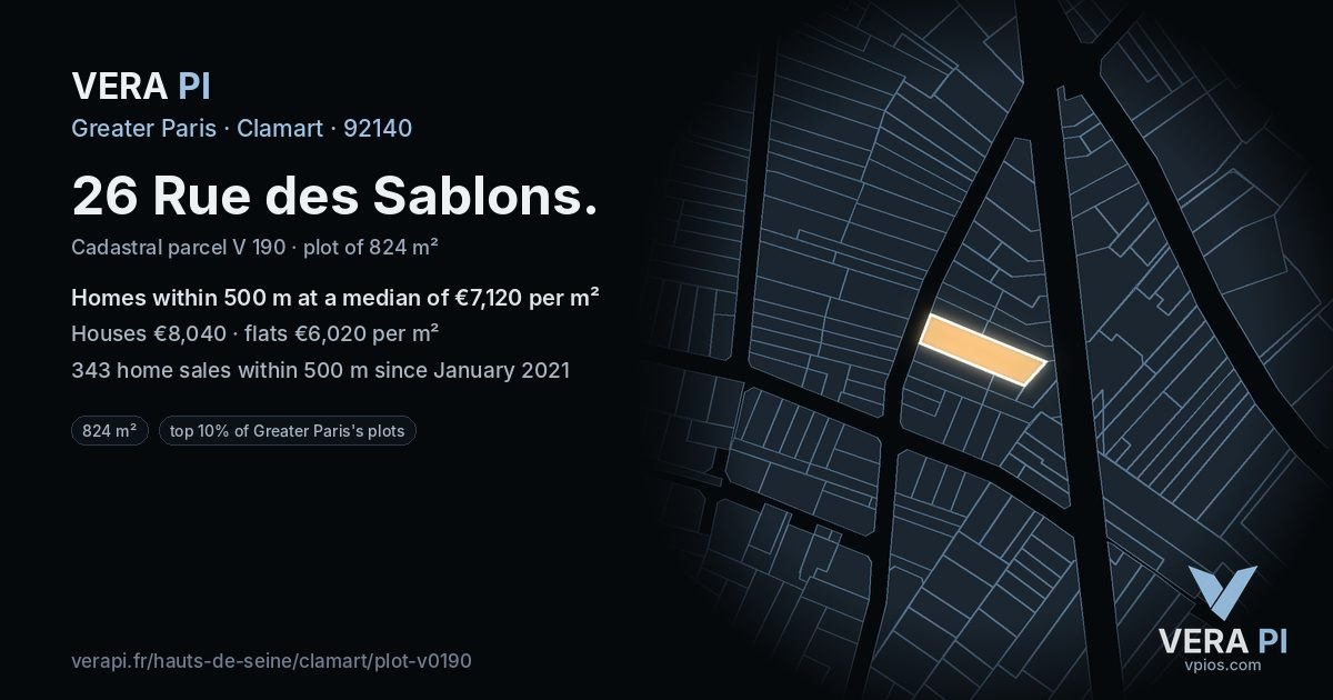 26 Rue des Sablons, Clamart at night – the plot lit, the parcels around coloured by the prices near them