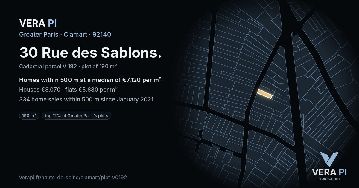 30 Rue des Sablons, Clamart at night – the plot lit, the parcels around coloured by the prices near them