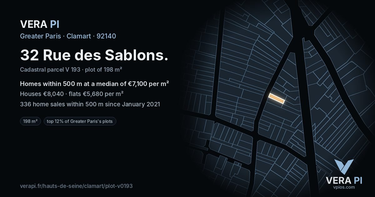 32 Rue des Sablons, Clamart at night – the plot lit, the parcels around coloured by the prices near them