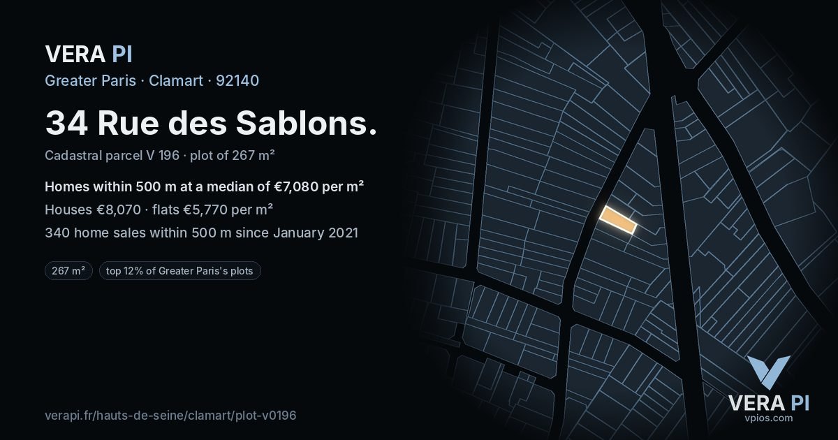34 Rue des Sablons, Clamart at night – the plot lit, the parcels around coloured by the prices near them