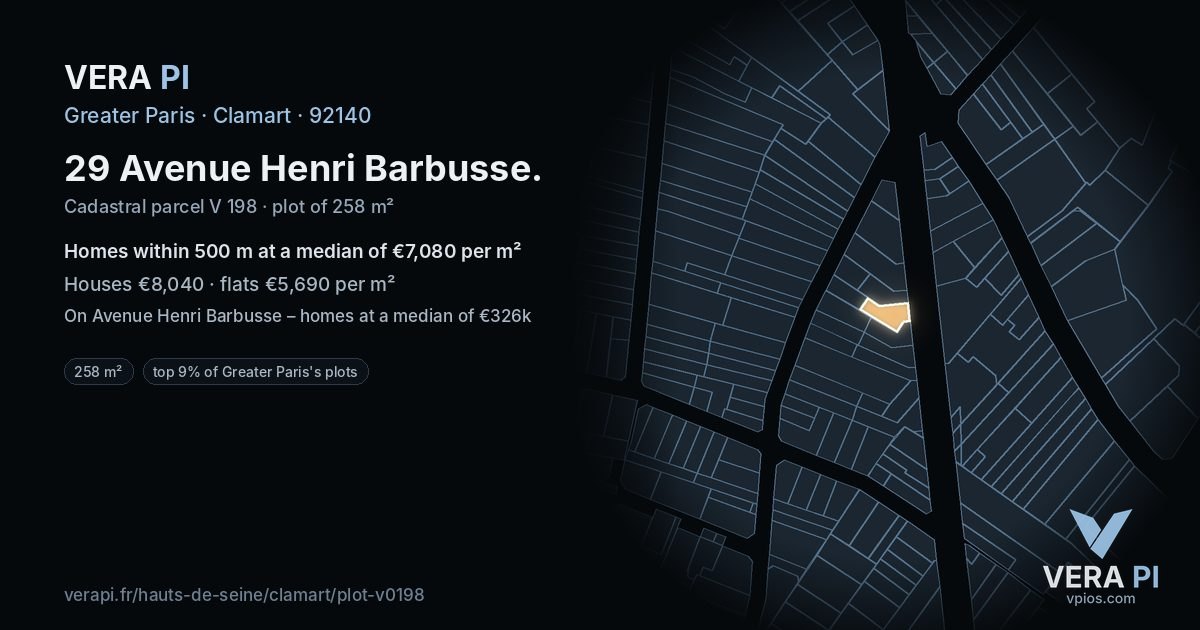 29 Avenue Henri Barbusse, Clamart at night – the plot lit, the parcels around coloured by the prices near them