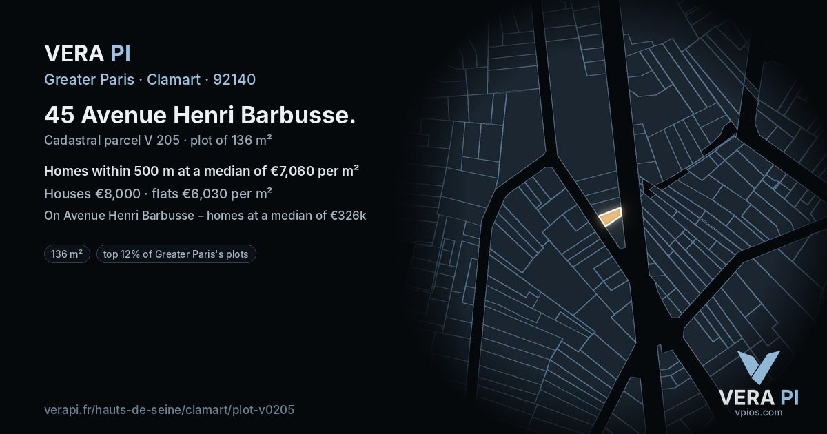 45 Avenue Henri Barbusse, Clamart at night – the plot lit, the parcels around coloured by the prices near them