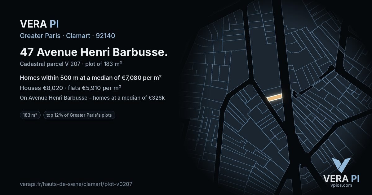 47 Avenue Henri Barbusse, Clamart at night – the plot lit, the parcels around coloured by the prices near them
