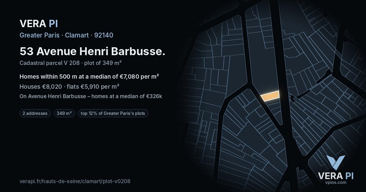 53 Avenue Henri Barbusse, Clamart at night – the plot lit, the parcels around coloured by the prices near them