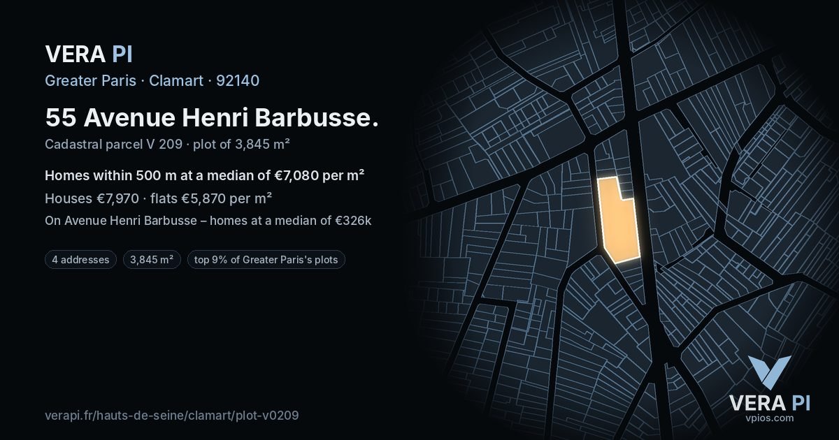 55 Avenue Henri Barbusse, Clamart at night – the plot lit, the parcels around coloured by the prices near them