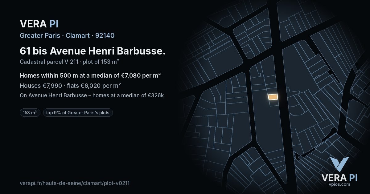 61 bis Avenue Henri Barbusse, Clamart at night – the plot lit, the parcels around coloured by the prices near them