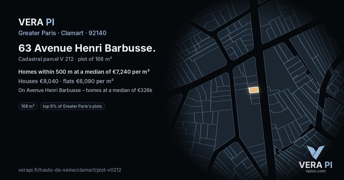 63 Avenue Henri Barbusse, Clamart at night – the plot lit, the parcels around coloured by the prices near them