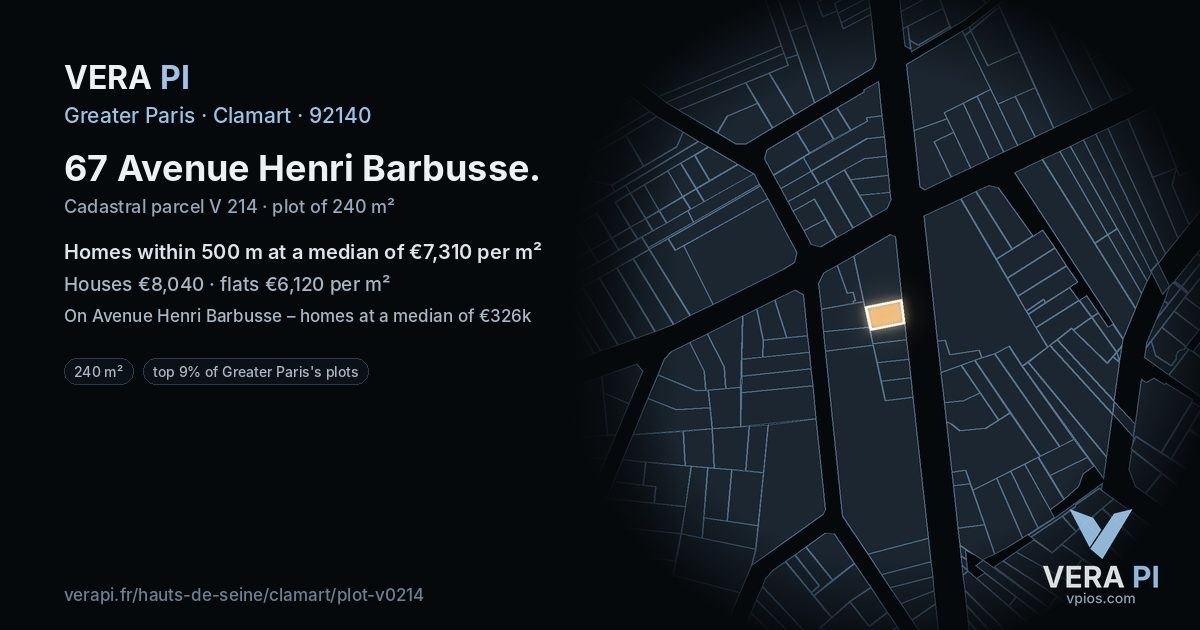 67 Avenue Henri Barbusse, Clamart at night – the plot lit, the parcels around coloured by the prices near them