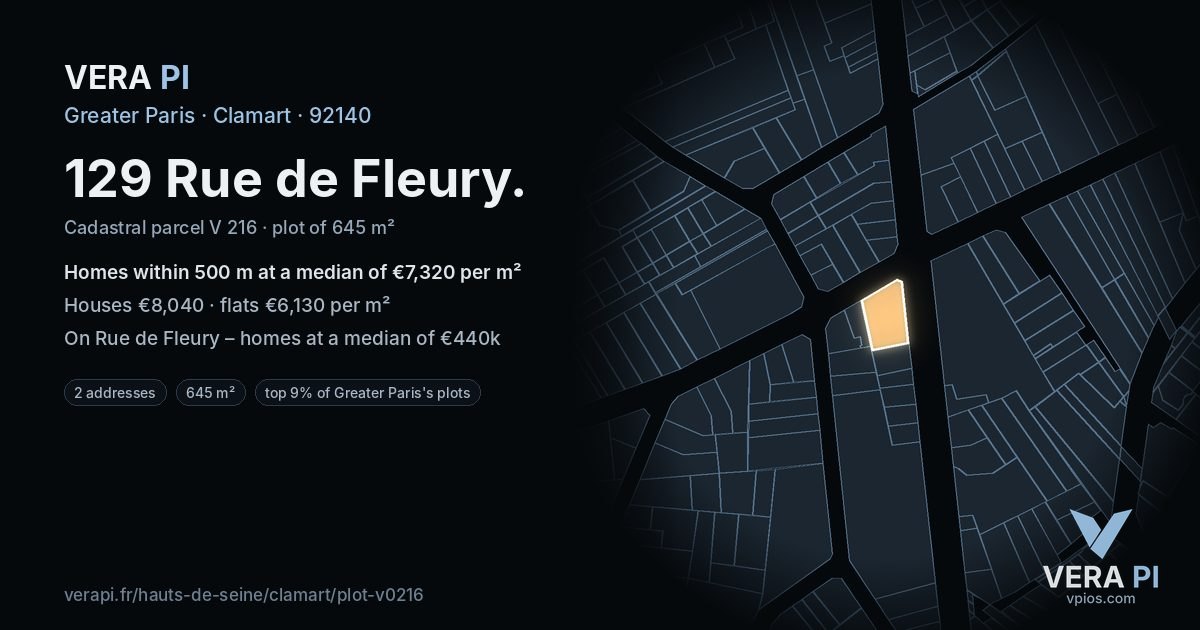 129 Rue de Fleury, Clamart at night – the plot lit, the parcels around coloured by the prices near them