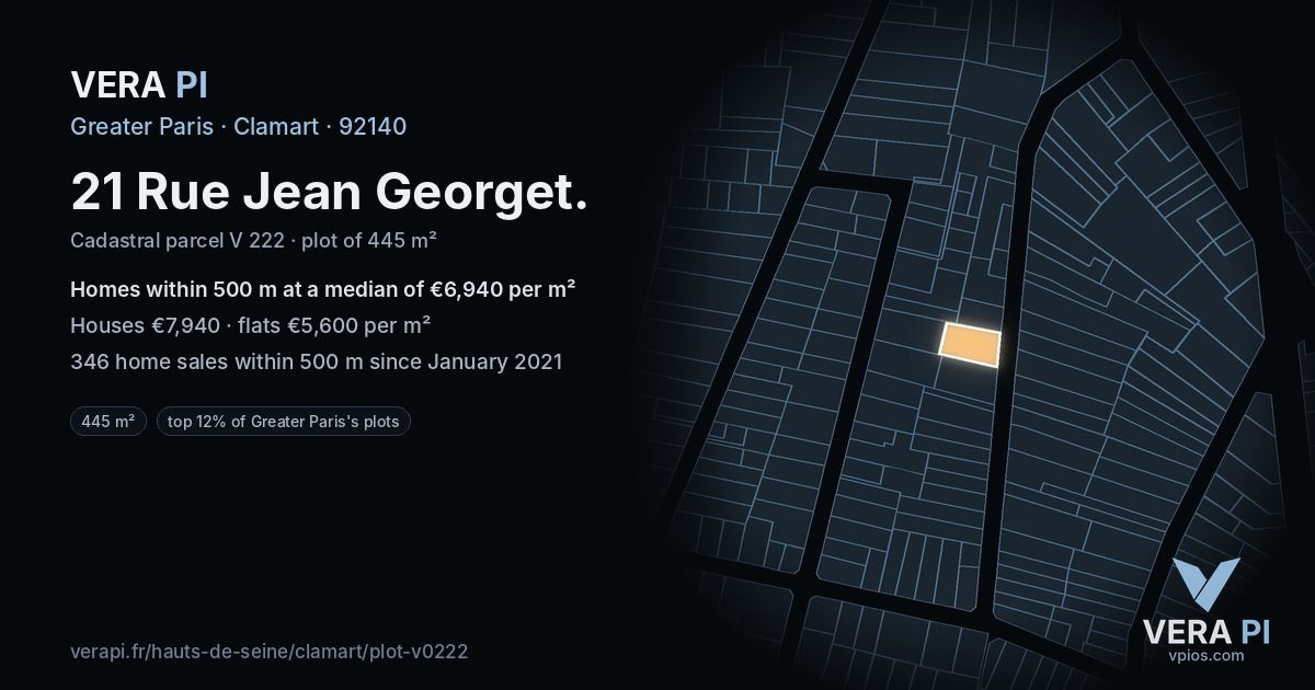21 Rue Jean Georget, Clamart at night – the plot lit, the parcels around coloured by the prices near them