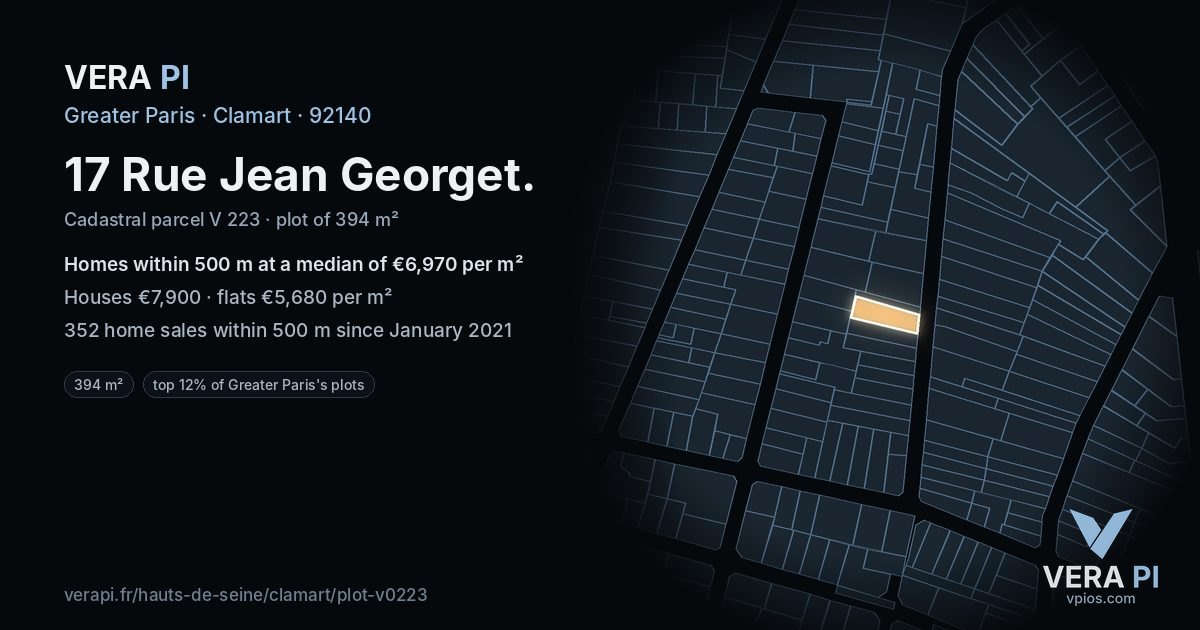 17 Rue Jean Georget, Clamart at night – the plot lit, the parcels around coloured by the prices near them
