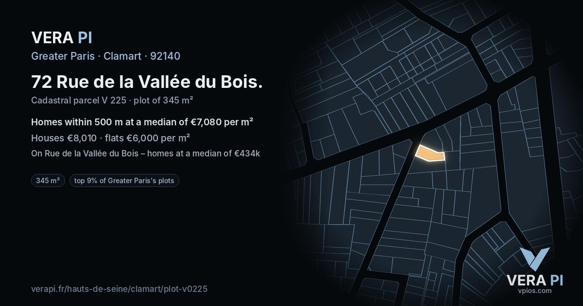 72 Rue de la Vallée du Bois, Clamart at night – the plot lit, the parcels around coloured by the prices near them