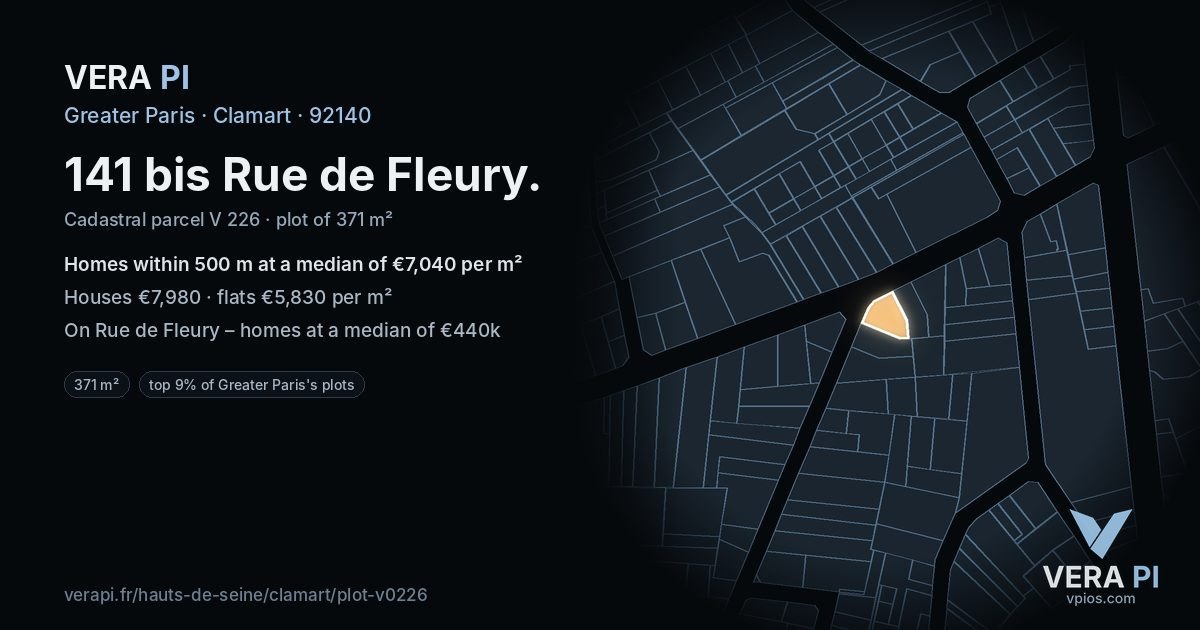 141 bis Rue de Fleury, Clamart at night – the plot lit, the parcels around coloured by the prices near them
