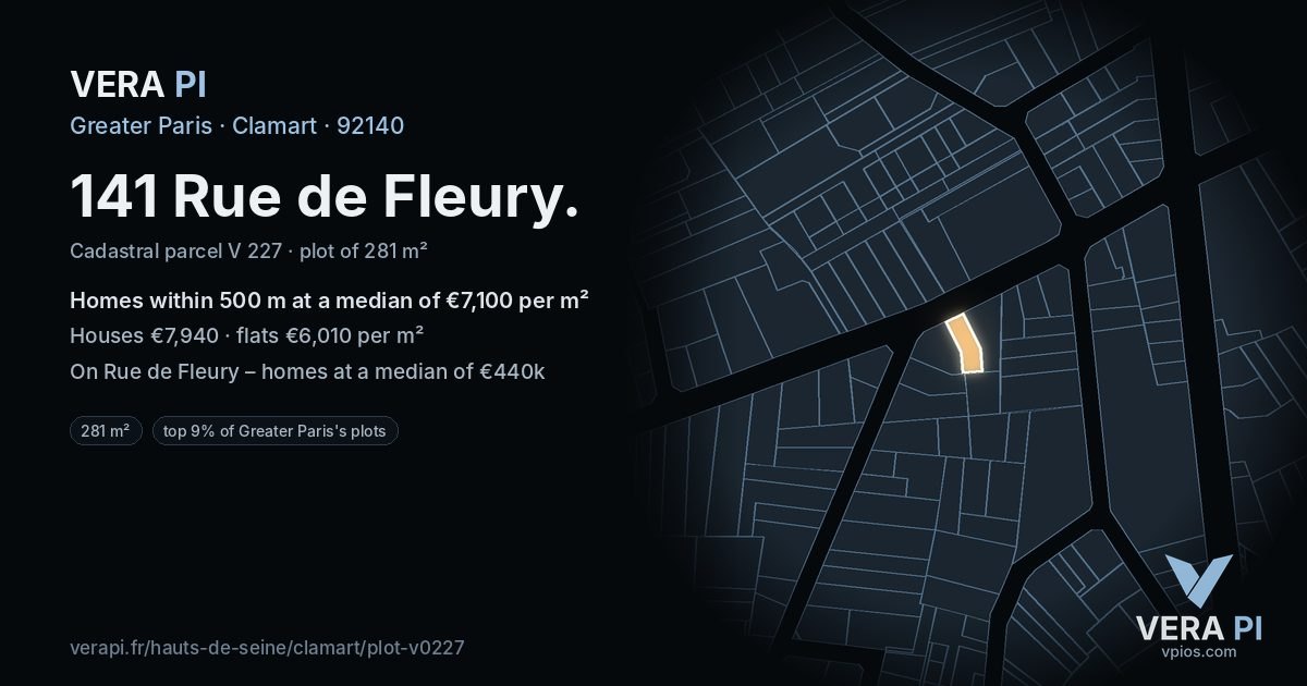 141 Rue de Fleury, Clamart at night – the plot lit, the parcels around coloured by the prices near them