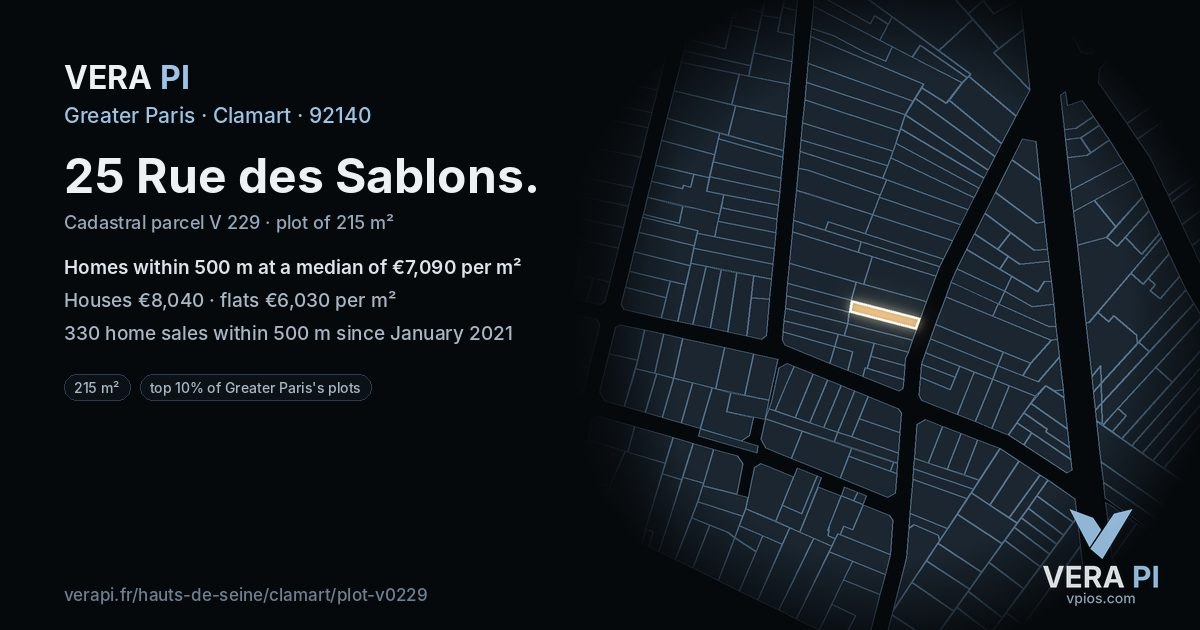 25 Rue des Sablons, Clamart at night – the plot lit, the parcels around coloured by the prices near them
