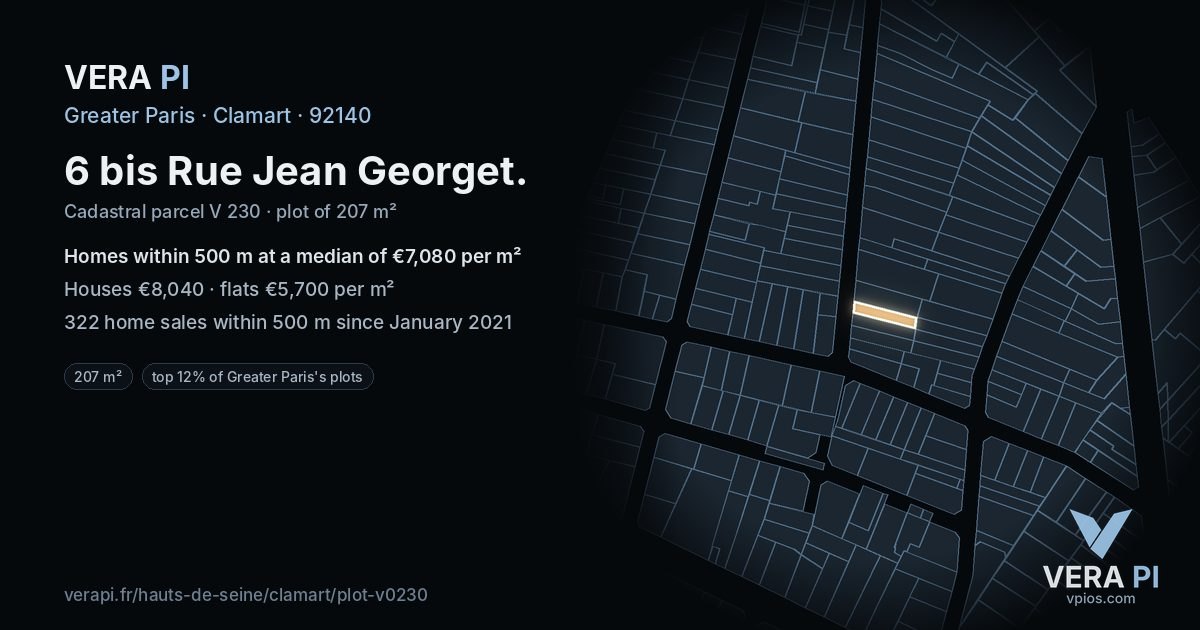 6 bis Rue Jean Georget, Clamart at night – the plot lit, the parcels around coloured by the prices near them