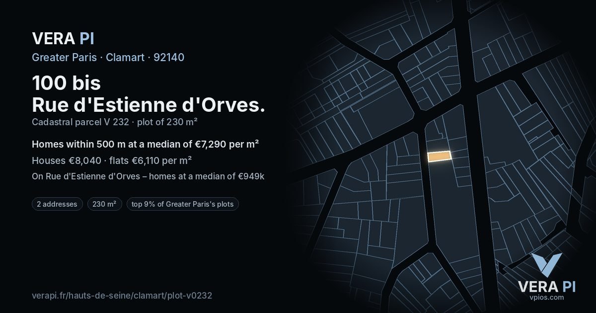 100 bis Rue d'Estienne d'Orves, Clamart at night – the plot lit, the parcels around coloured by the prices near them