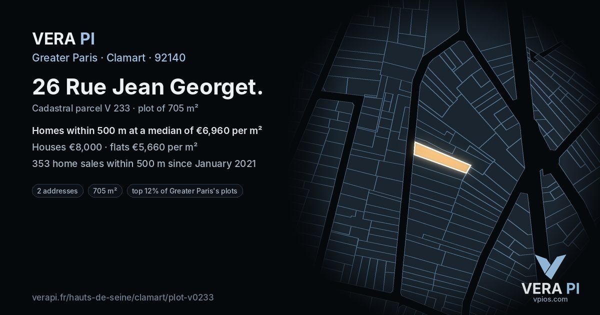 26 Rue Jean Georget, Clamart at night – the plot lit, the parcels around coloured by the prices near them