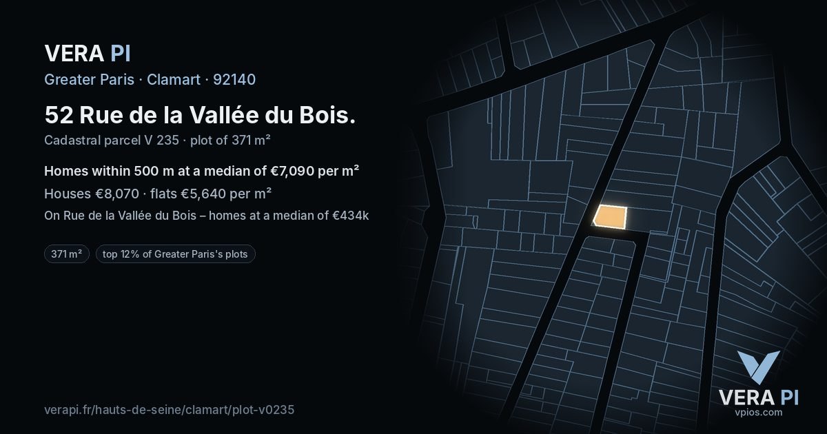 52 Rue de la Vallée du Bois, Clamart at night – the plot lit, the parcels around coloured by the prices near them