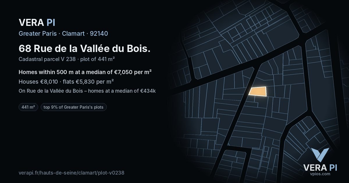 68 Rue de la Vallée du Bois, Clamart at night – the plot lit, the parcels around coloured by the prices near them