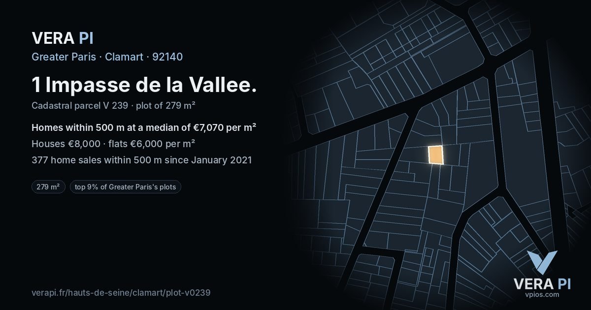 1 Impasse de la Vallee, Clamart at night – the plot lit, the parcels around coloured by the prices near them