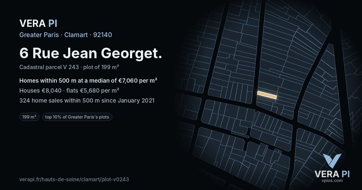 6 Rue Jean Georget, Clamart at night – the plot lit, the parcels around coloured by the prices near them