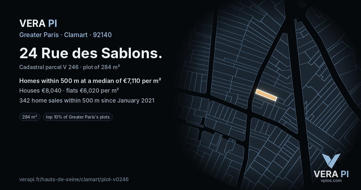 24 Rue des Sablons, Clamart at night – the plot lit, the parcels around coloured by the prices near them