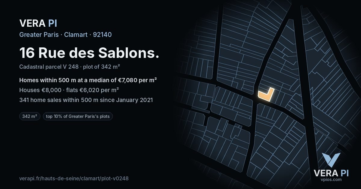 16 Rue des Sablons, Clamart at night – the plot lit, the parcels around coloured by the prices near them