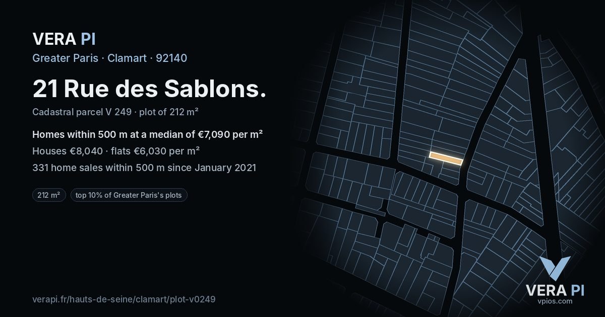 21 Rue des Sablons, Clamart at night – the plot lit, the parcels around coloured by the prices near them