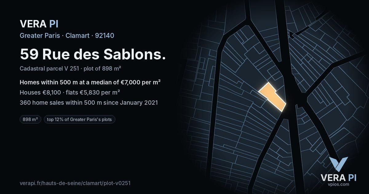 59 Rue des Sablons, Clamart at night – the plot lit, the parcels around coloured by the prices near them