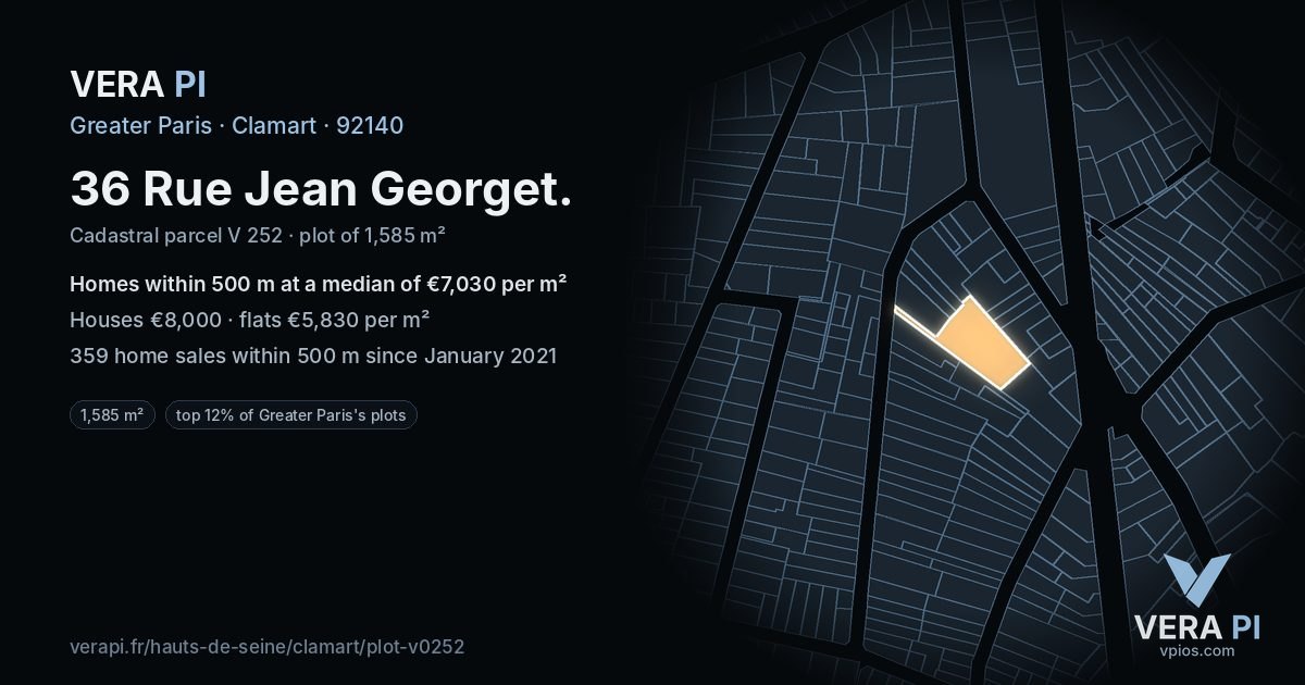 36 Rue Jean Georget, Clamart at night – the plot lit, the parcels around coloured by the prices near them