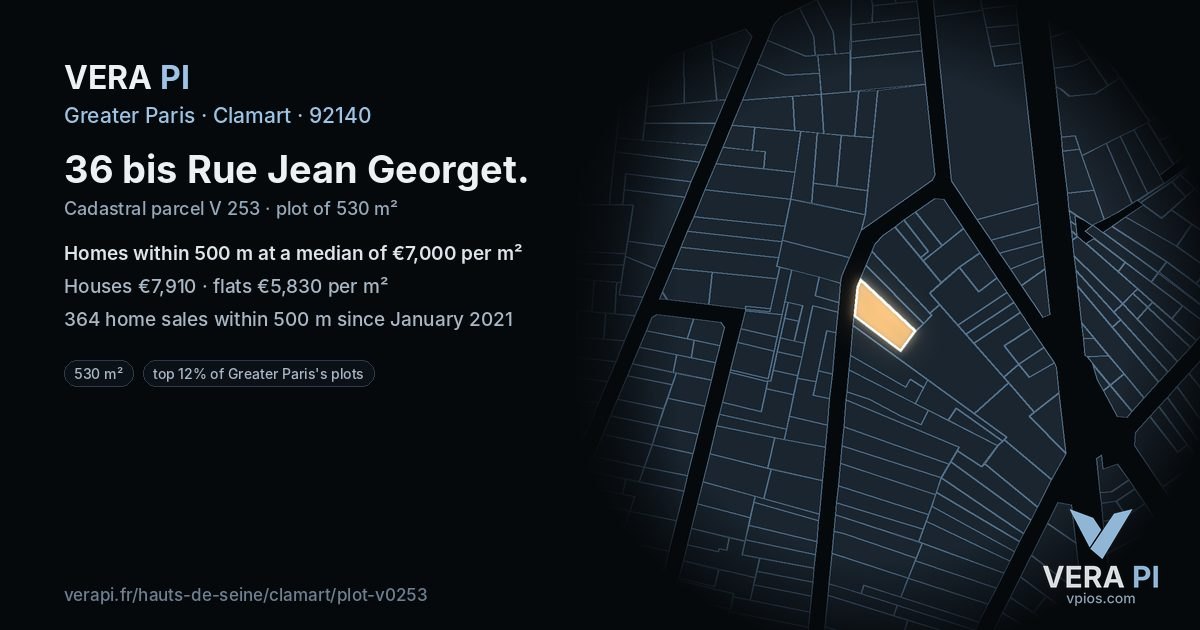 36 bis Rue Jean Georget, Clamart at night – the plot lit, the parcels around coloured by the prices near them