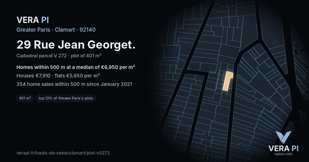 29 Rue Jean Georget, Clamart at night – the plot lit, the parcels around coloured by the prices near them