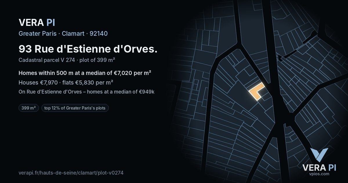 93 Rue d'Estienne d'Orves, Clamart at night – the plot lit, the parcels around coloured by the prices near them