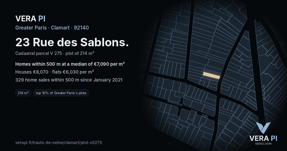 23 Rue des Sablons, Clamart at night – the plot lit, the parcels around coloured by the prices near them