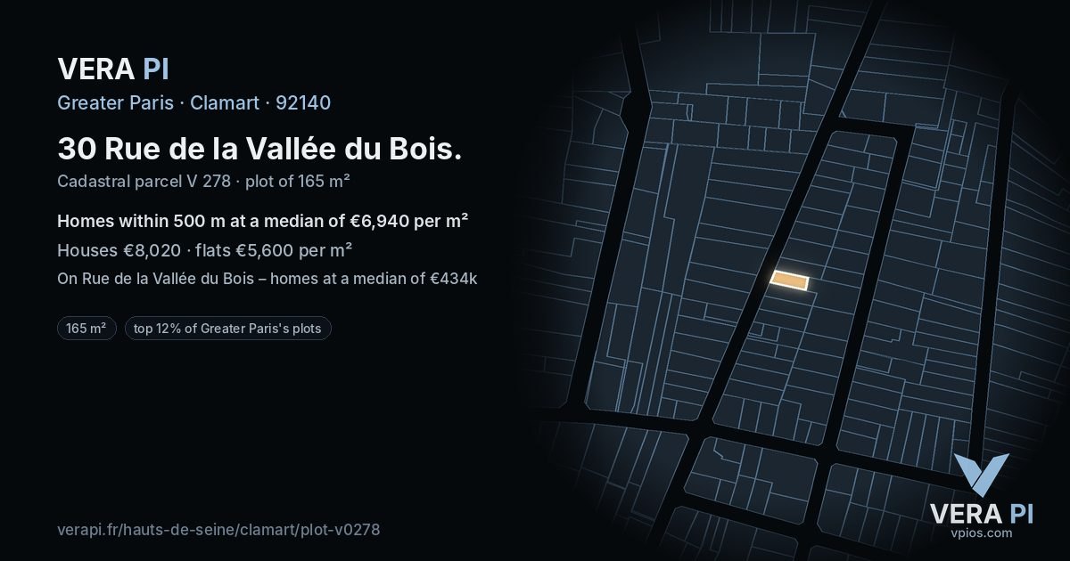30 Rue de la Vallée du Bois, Clamart at night – the plot lit, the parcels around coloured by the prices near them
