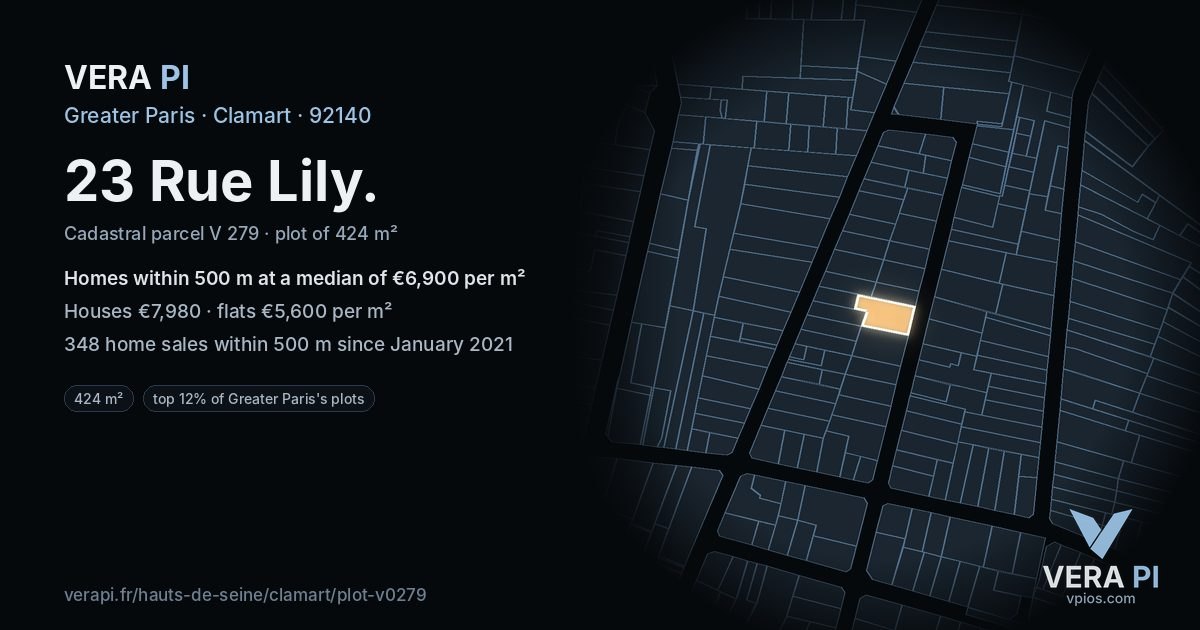 23 Rue Lily, Clamart at night – the plot lit, the parcels around coloured by the prices near them
