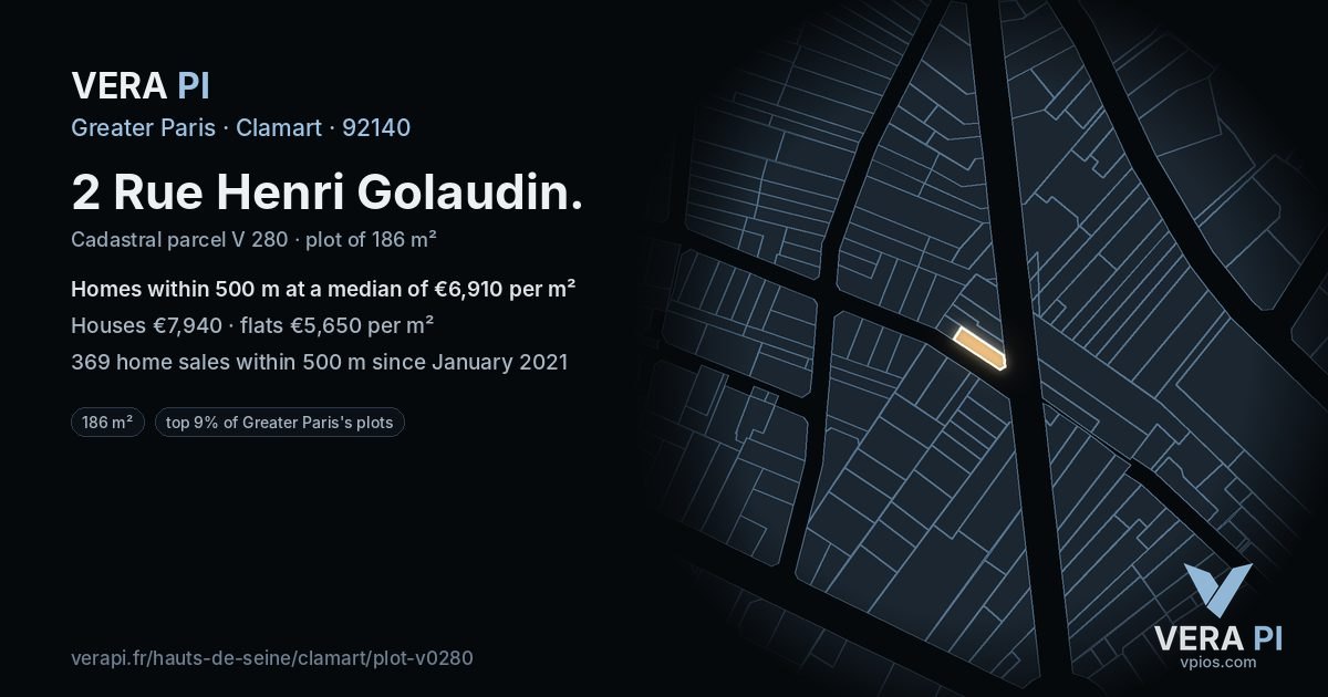 2 Rue Henri Golaudin, Clamart at night – the plot lit, the parcels around coloured by the prices near them