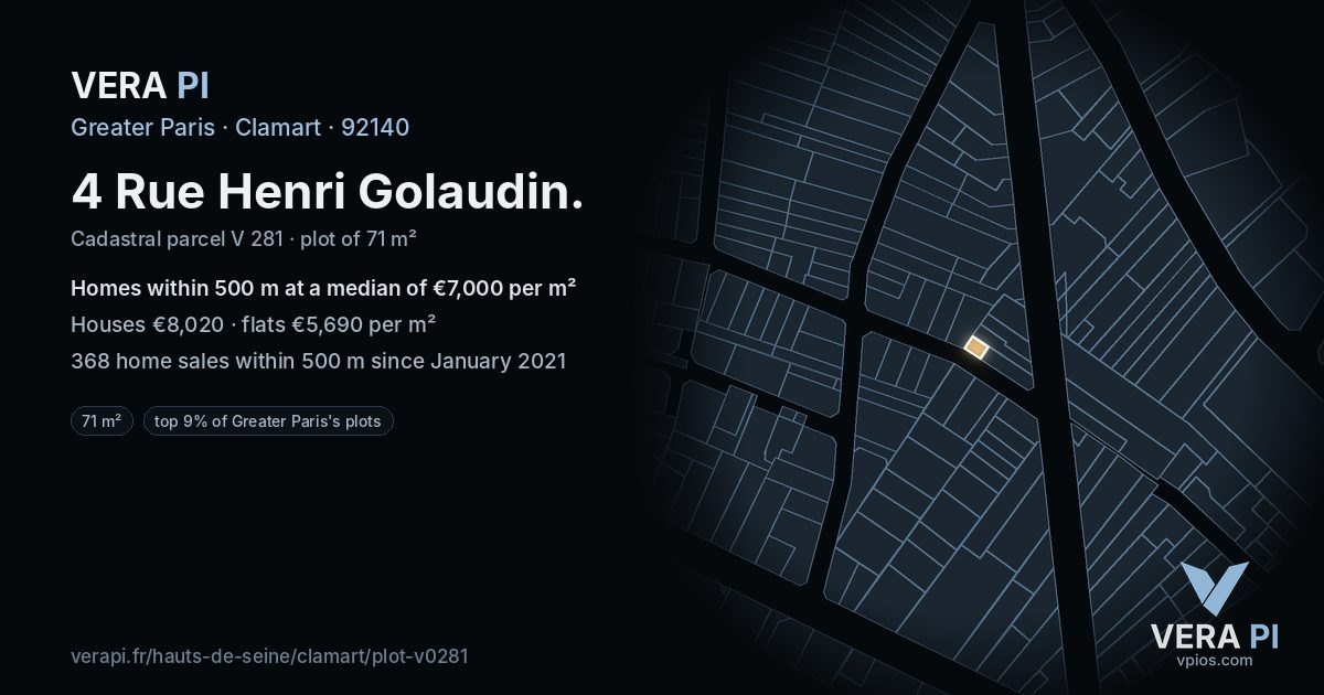 4 Rue Henri Golaudin, Clamart at night – the plot lit, the parcels around coloured by the prices near them