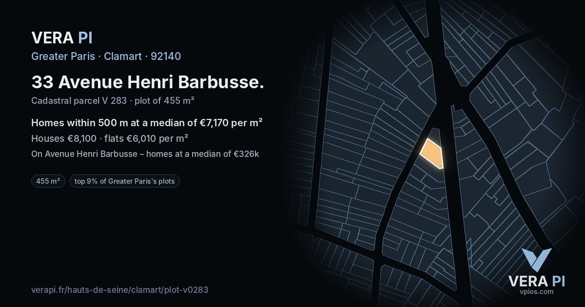 33 Avenue Henri Barbusse, Clamart at night – the plot lit, the parcels around coloured by the prices near them