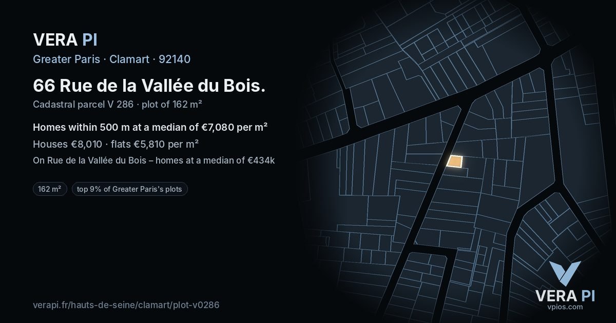 66 Rue de la Vallée du Bois, Clamart at night – the plot lit, the parcels around coloured by the prices near them